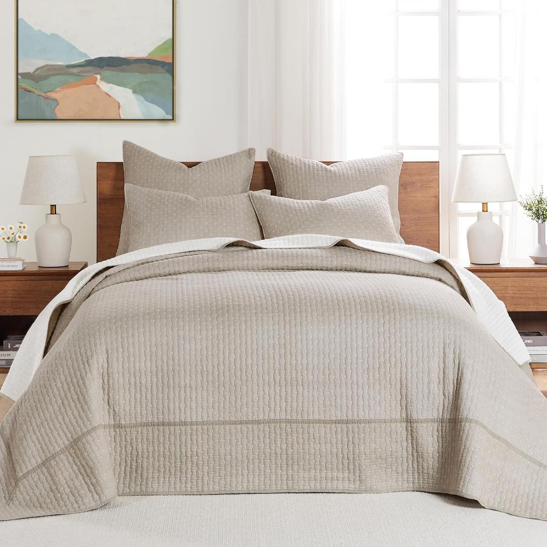 Levtex Home Cross Stitch Reversible King Bedspread Set (120x104in) with 2 Pillow Shams (36x20in) - Stitch Texture - Taupe - Cotton King Size Bedspread Set - Soft, Pre-Washed