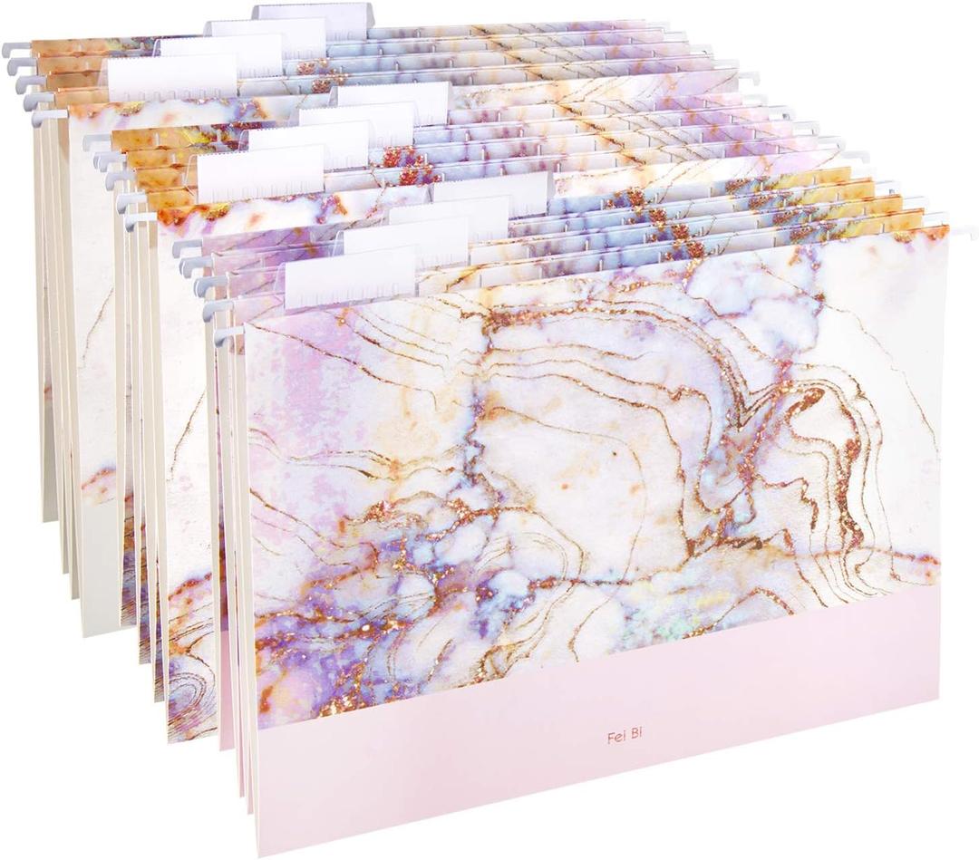 CharaVector Hanging File Folders Letter Size Assorted Durable Refined Design Decorative Hanging File Folder Set, 1/5-Cut Adjustable Tabs,12pcs for Cabinet,File Organizer,Marbling
