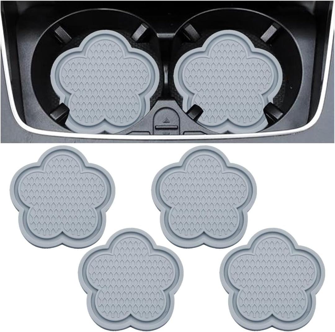 4PCS Car Cup Holder Coasters, Cute Flower Shaped Auto Cup Holder Insert Mat Decoration, Universal Anti-Slip Car Interior Beverage Coaster Accessories Sets for Women Men (Grey)