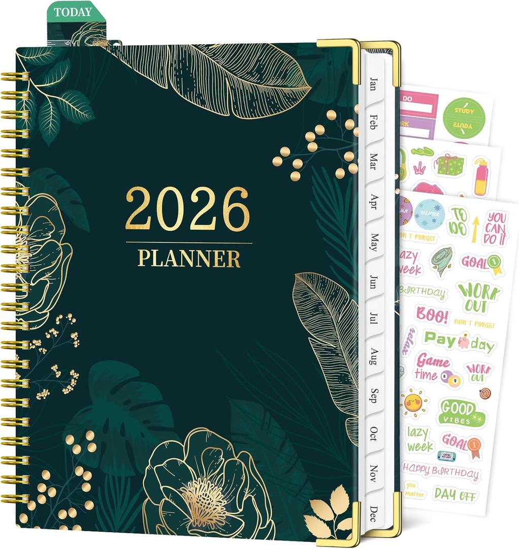 Planner 2026, Weekly and Monthly Planner from Jan 2026 - Dec 2026, 6.5" x 8.8" A5 Academic planners with Tabs, Spiral Hardcover Calendar Agenda for College & Office, Green