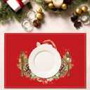 Christmas Wreath Cat Pine Cones Placemats Set of 4, 12 x 18 mas Watercolor Rustic Red Table Mat Decor, Seasonal Winter Table Decors for Christmas Dining Kitchen Holiday Party. (070)
