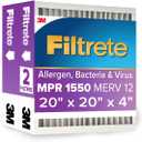 Filtrete 20x20x4 AC Furnace Air Filter, MPR 1550, MERV 12, Fits Honeywell, CERTIFIED Asthma & Allergy Friendly, Electrostatic Air Cleaning Filter, 2-Pack (Actual Size 19.88x19.88x4.31 in)