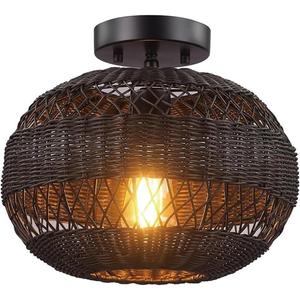 Retro Black Hand Woven Rattan Ceiling Lamp Boho Farmhouse Countryside Ceiling Light Fixture Modern Hallway Pendant Light for Bedroom Kitchen Entryway Living Room Aisle Stairs