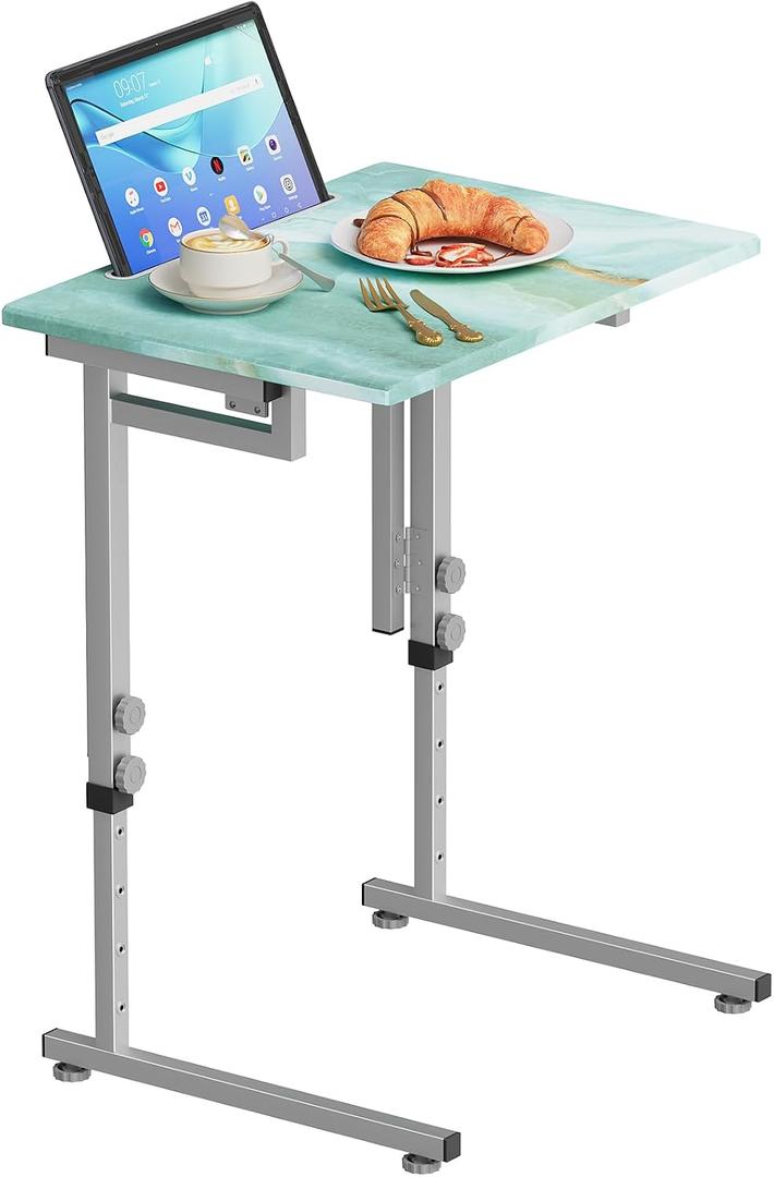 Folding Tv Tray Table,6 Height Adjustable Dinner Snack Slide Under Couch Side Table, Portable Foldable C-Shaped End Table for Eating with Sturdy MDF Top,No Assembly(Sea Blue+Silver), 14.8" x 20.3" x 17.3"
