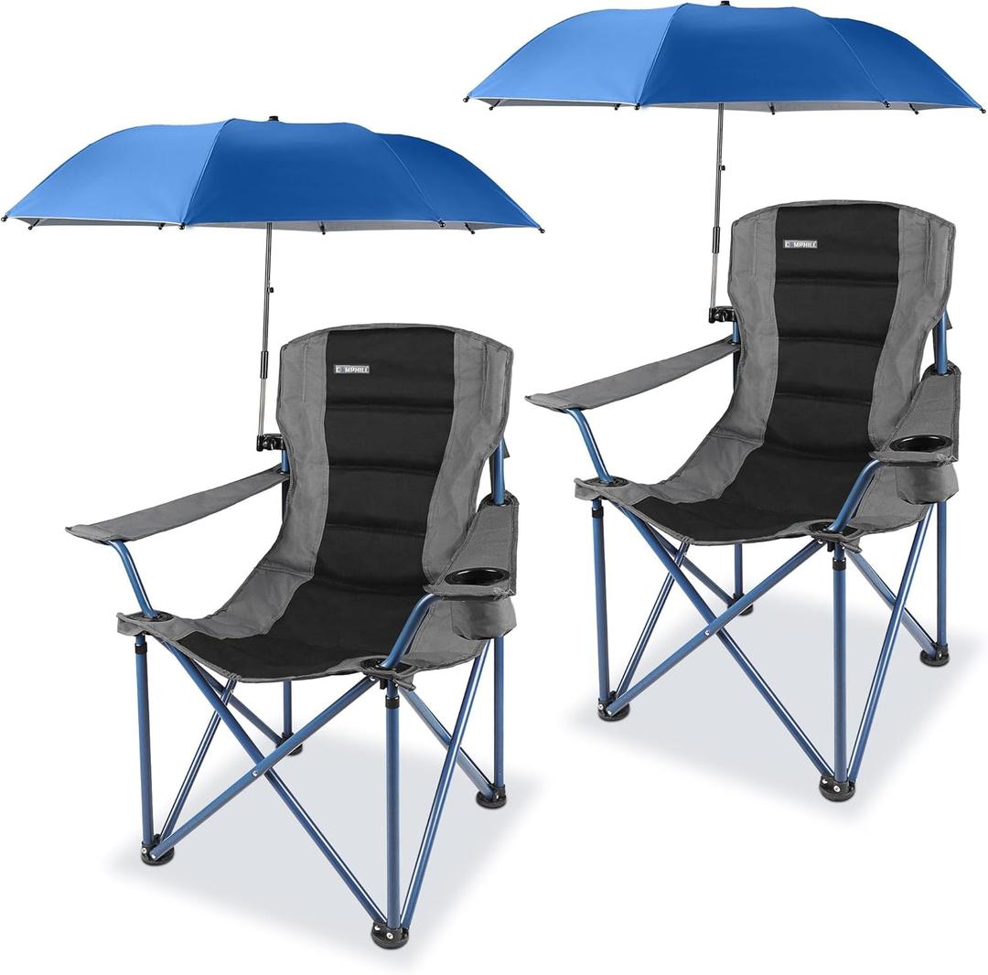 2 Pack Camping Chairs with Adjustable Umbrella-Folding Lawn Chair with American Flag Backrest-Heavy Duty Padded Camping Chair for Beach, Black