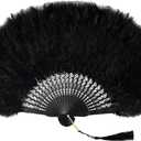 Fumwase 20s Vintage Folding Feather Fan 1920s Costume Vintage Flapper Handheld Fan for Tea Party Costume Party Wedding Dancing Decoration (Black)