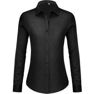 Women's Button Down Shirts Long Sleeve Dress Shirts Collared Fitted Work Office Blouse Tops Wrinkle Free (X-Large, Black)