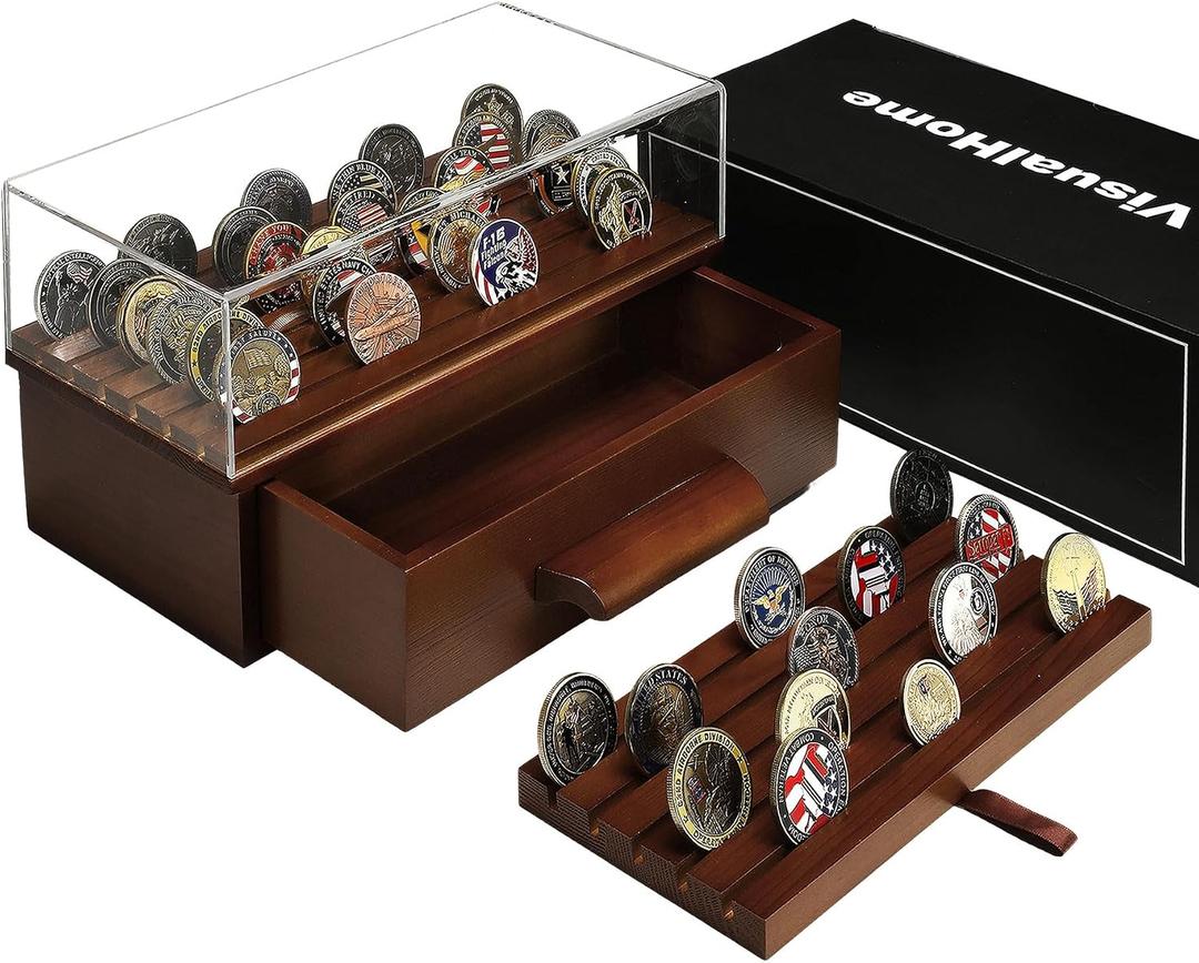 Wooden Challenge Coin Display Case with Clear Cover - Medium Military Coin Display Case Holds 40 Coins on Top & 50 in the Storage Drawer - Versatile Coin Stand Holder & Poker Chip Display Case Brown