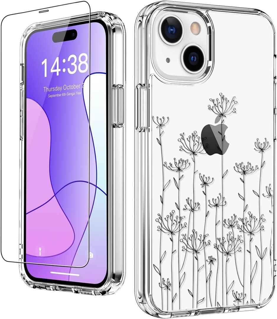 LUHOURI for iPhone 15 Plus Case with Screen Protector - Crystal Acrylic Clear - Fashionable Pattern Design -Wireless Charging -Slim Fit Protective Phone Cover for Women Girls,Elegant Small Flowers
