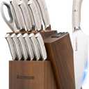 Astercook Knife Set Kitchen with Block and Dual Sharpener Full Tang 15 Pcs German Stainless Steel Knives Dishwasher Safe Kitchen Utensils Set with Anti-slip Ergonomic Handle, Elegant White