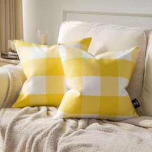 Phantoscope Pack of 2 Gingham Buffalo Check Plaid Throw Decorative Pillow Cover Outdoor Indoor Throw Pillows Farmhouse Square Pillow Cases for Home Decor Yellow,18 x 18 Inches (18" x 18" (Pack of 2))