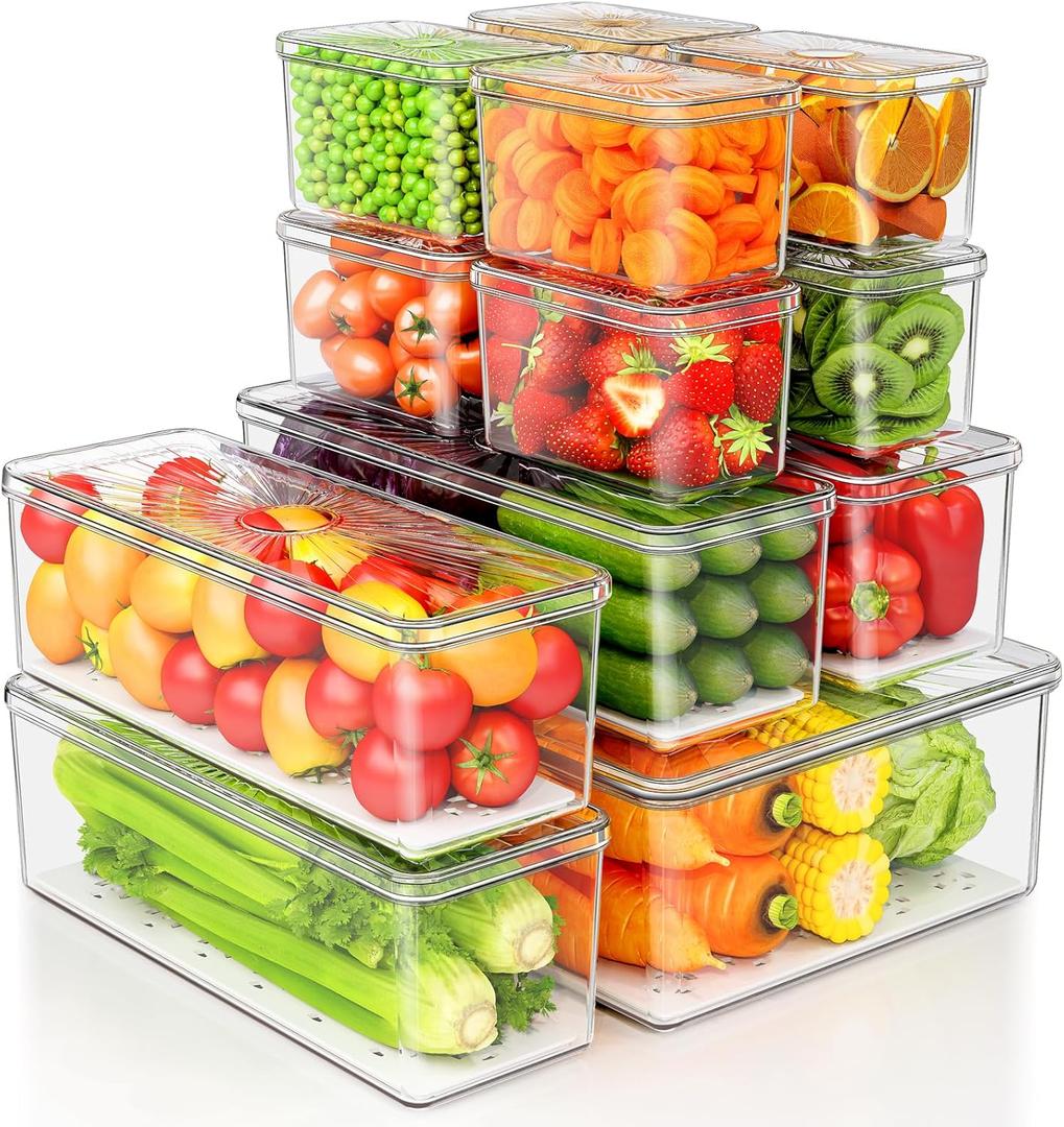 13 Pack Fridge Organizers Bins and Storage, PBA Free Refrigerator Organizer with Lids, Stackable Food Storage Bins for Kitchen, Countertops, Cabinets, Fridge, Drinks, Fruits, Vegetable