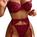 Lilosy Sexy Choker Floral Lace Scallop Sheer Underwire Push Up Garter Belt Lingerie Set 3 Piece (Medium, Wine Red)