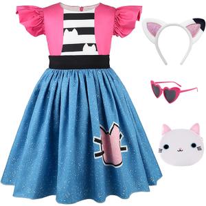 keaiyouhuo Kids Princess Cat Costume Girls Ruffle Sleeve Casual Dresses with Headband Halloween Christmas Birthday Dress up (5-6 Years, Rose Red)