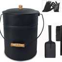 Poofzy Ash Bucket with Lid and Shovel, 4 Gallon Fireplace Container for Ashes, Includes Hand Broom and Gloves for Fire Pit, Wood Burning Stove and Grill - 10" (ID) x 12" (H)