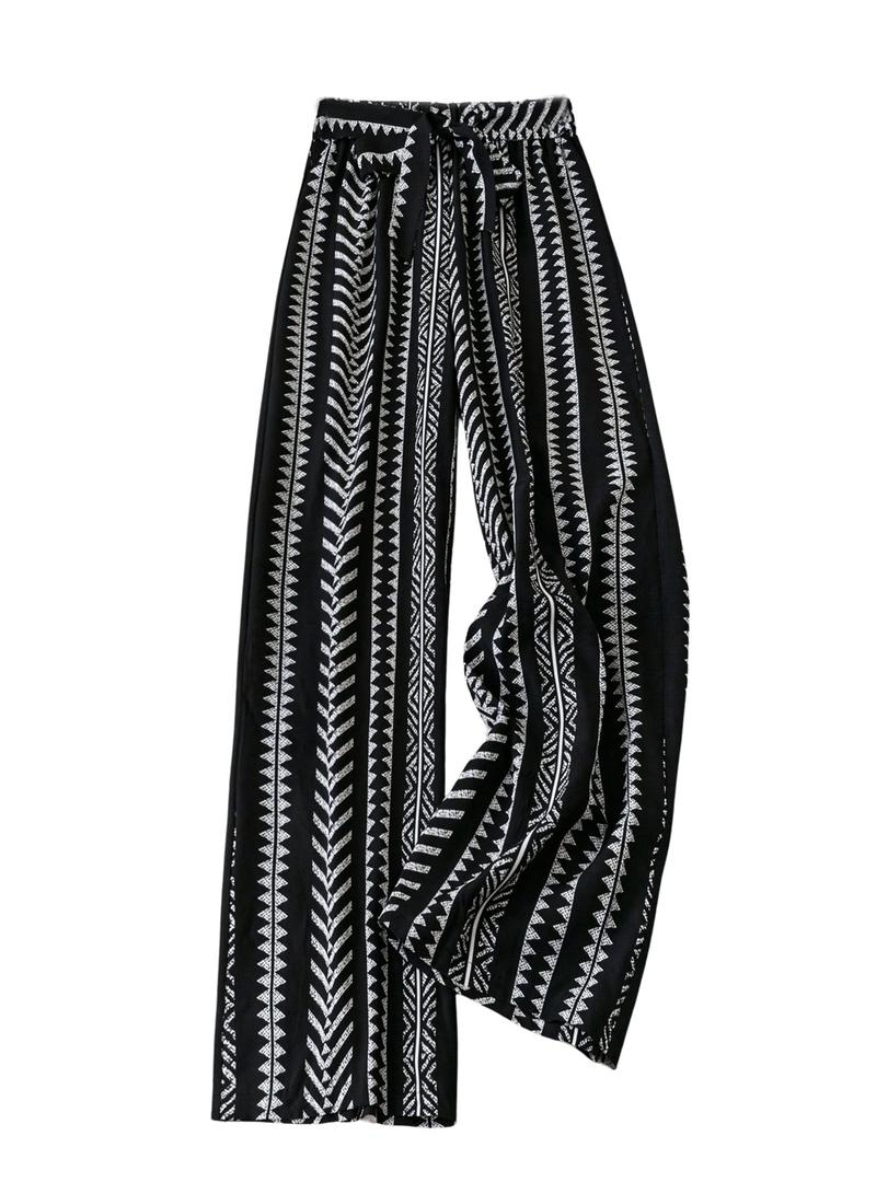 WDIRARA Women's Boho Geometric Striped Straight Leg Pants Tie Knot Elastic Waist Trousers Black Small