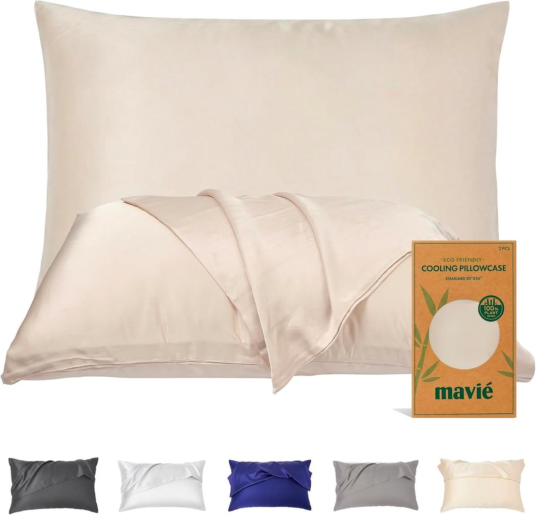 Plant-Derived Cooling Viscose Pillowcases Set of 2, Moisture Wicking, Smooth & Breathable Standard/Queen Pillow Covers for Hair & Skin Care, Soft Sleep Pillowcase Set (Beige, Standard)