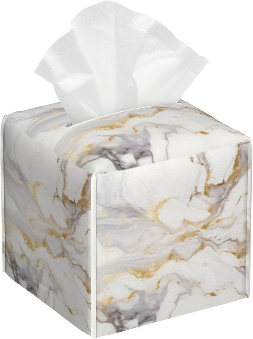 White Gold Marble Tissue Box Cover Square, Modern Abstract Marble Texture Tissue Box Holder Waterproof Leather Facial Paper Organizer Dispenser for Bathroom Home Car Nightstand Vanity Desk (Color-6)