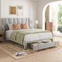 Queen Bed Frame with Storage Drawers, Upholstered Platform Bed with Headboard and Wingboard, No Box Spring Needed, Noise Free, Easy Assembly, Wooden Support Slats, Light Grey