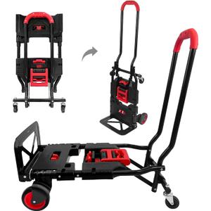 Folding Hand Truck, Portable Dolly Cart with Rubber Wheels and Retractable Handle, 2 in 1 Design 264lbs Capacity Hand Cart Foldable for Transportation/Luggage/Mobile/Travel/Office Use (Red 330lbs)