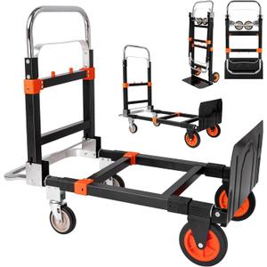 3 in 1 Folding Hand Truck Dolly, 660lb Capacity Convertible Hand Truck Dolly Cart Heavy Duty Foldable Trolley with Rubber Wheels & Retractable Handle, Collapsible Platform Truck for Moving Heavy Items