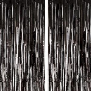 2 Pcs 3.2ft x 8.2ft Shiny Black Metallic Tinsel Foil Fringe Curtain Photo Booth Backdrop Props for Birthday Wedding Bridal Shower Baby Shower Celebration Bachelorette Party Decorations