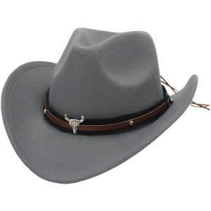 Western Cowboy Hat for Women/Men Shapeable Wide Brim Cowgirls Hat with Belt Buckle Costume Party (One Size, Grey)