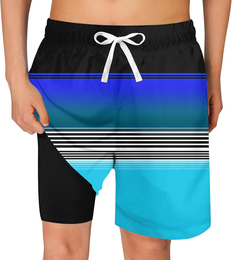 swimsobo Boys Swim Trunks for 5-16 Years Compression Liner Swimsuit Shorts Swimwear Boxer Bathing Suit (Stripe)