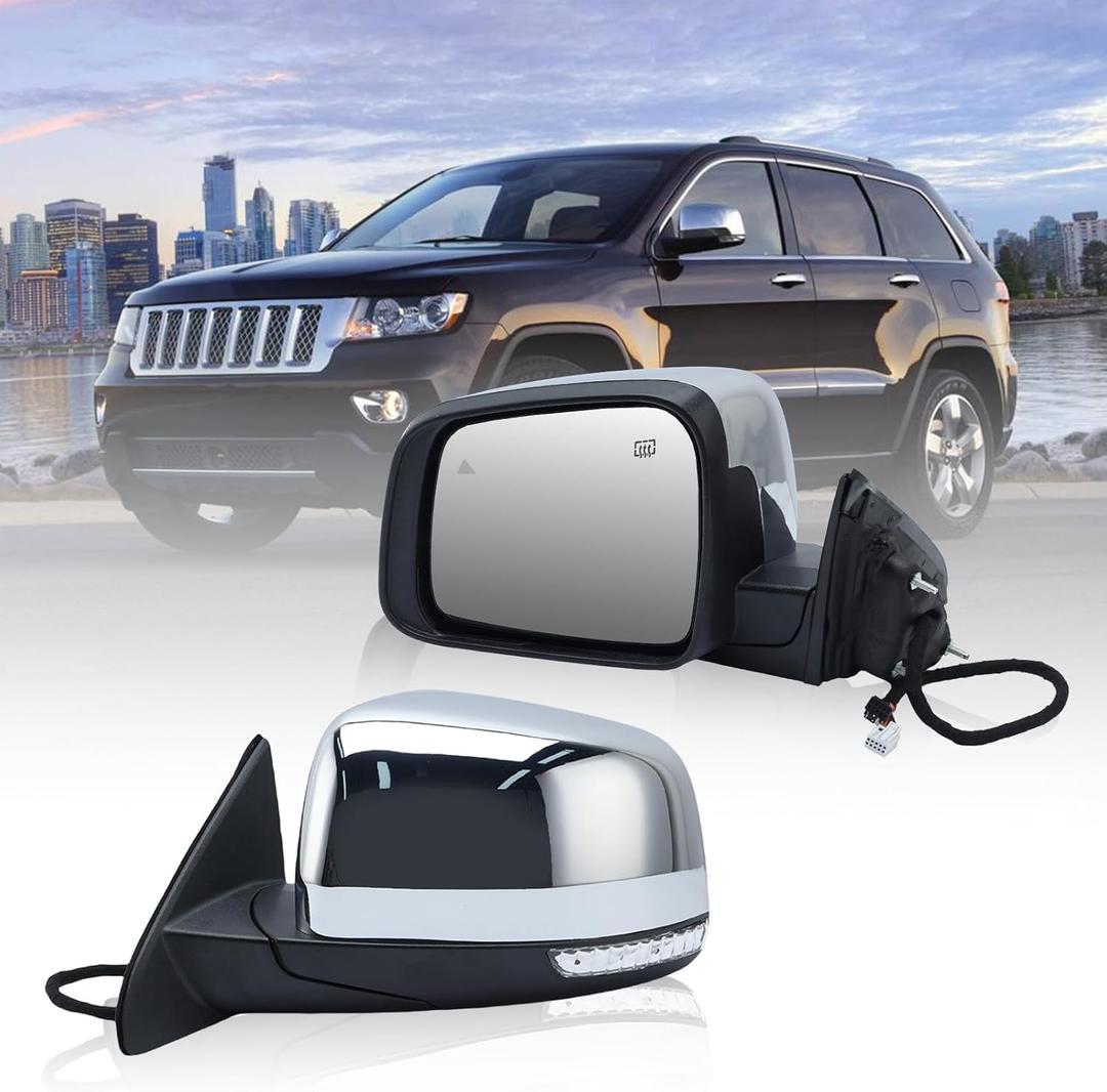 Driver Side Mirror Compatible with 2011-2021 Jeep Grand Cherokee,2022 Jeep Grand Cherokee WK Mirrors with Heated,Power Folding,Blind Spot Detection,Turn Signal Light,13Pins,Chrome