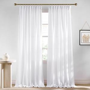 NICETOWN White Linen 108-inch Curtains, Back Tab/Rod Pocket with Pleat Tape Privacy Added with Light Filtering Semi Sheer Window Treatments for Living Room, W52 x L108, 2 Panels