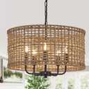 Hand-Woven Rattan Chandelier Vintage Farmhouse Boho Bamboo Chandeliers Light Fixture Rustic Retro 5-Lights Drum Wicker Rattan Black Chandelier for Dining Room, Kitchen, Living Room, E12