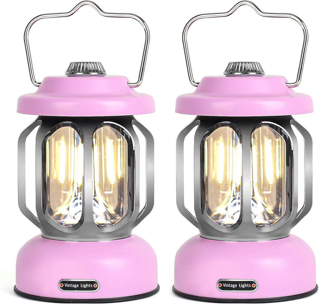 Rechargeable LED Camping Lanterns, Vintage Camping Lights Battery Operated, Portable Retro Metal Glamping Lights for Hiking, Hurricane, Decoration, Power outages, Pink, 2 Pack