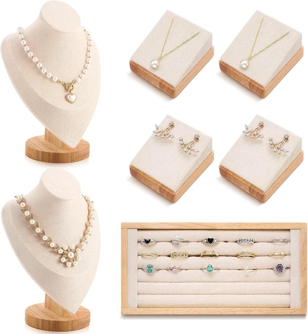 RattanView 7 Pcs Jewelry Display Set for Vendors Velvet Necklace Bust Display Stand Earring Ring Organizer for Craft Shows, Trunk Shows(Beige)