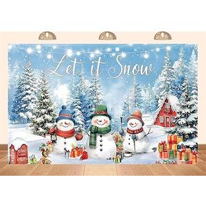 PEKRU 5x3ft Fabric Let It Snow Backdrop Winter Forest Snow Scene Snowman Red Cabin Christmas Party Decoration Background Photo Booth Shooting Props