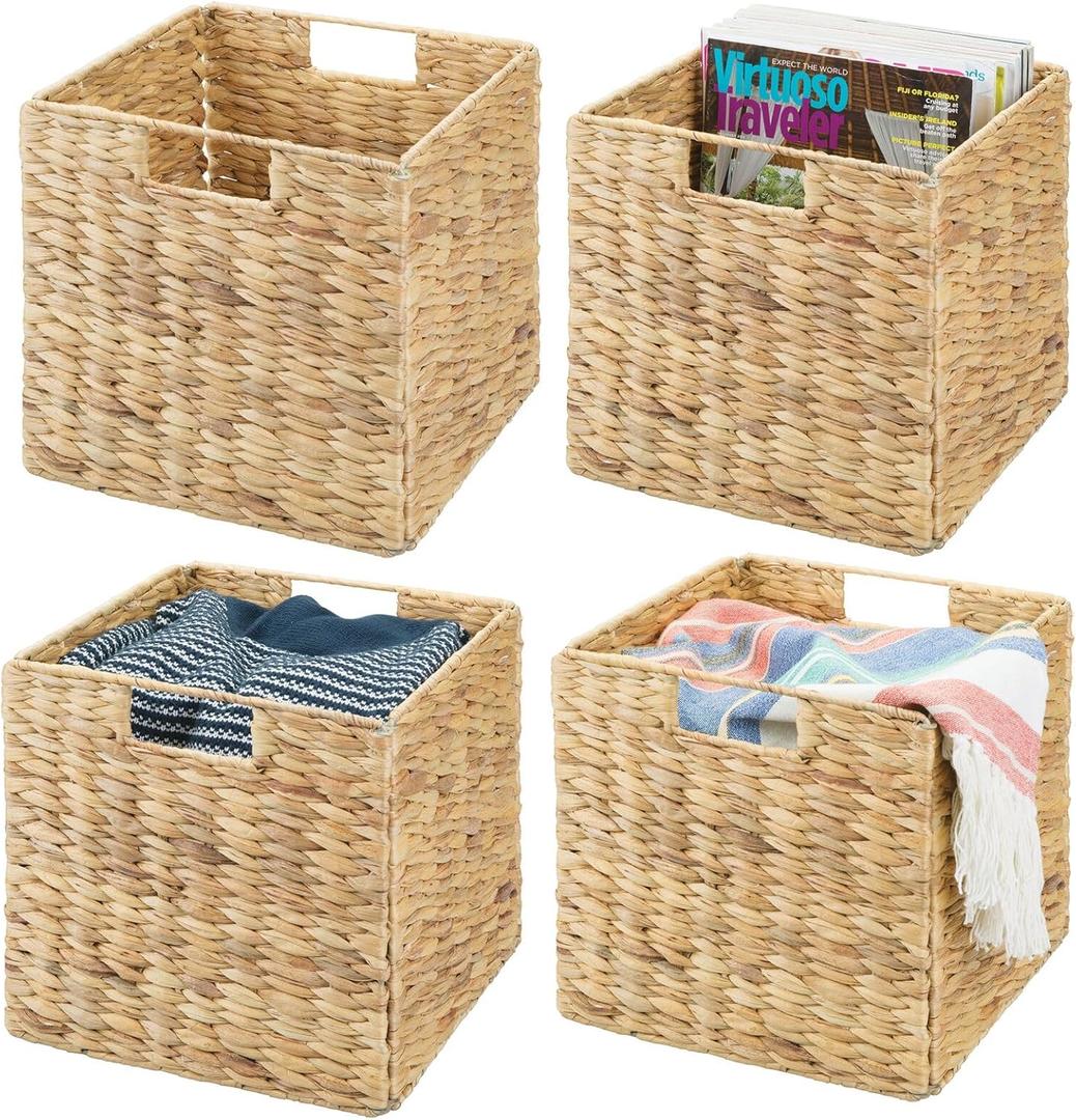 mDesign Natural Woven Hyacinth Cube Organizer Basket with Handles, Storage for Bathroom, Laundry Room Shelf or Nursery - Perfect for Cubby Storage Units - Hold Blankets and Books - 4 Pack, Natural/Tan