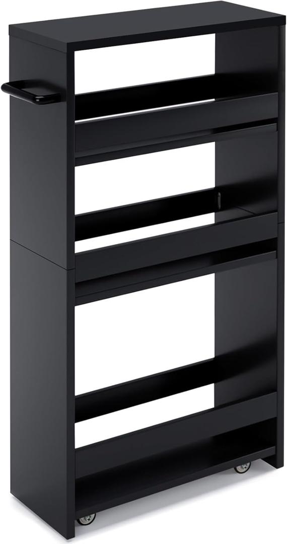 MARTY Slim Rolling Storage Cart 4-Tier Kitchen Cart with Wheels, Laundry Room Storage with Handle Slide Out Utility Cart Shelving Unit Organizer Trolley for Narrow Places Bathroom Small Corner, Black (5.51"D x 15.75"W x 31.5"H)