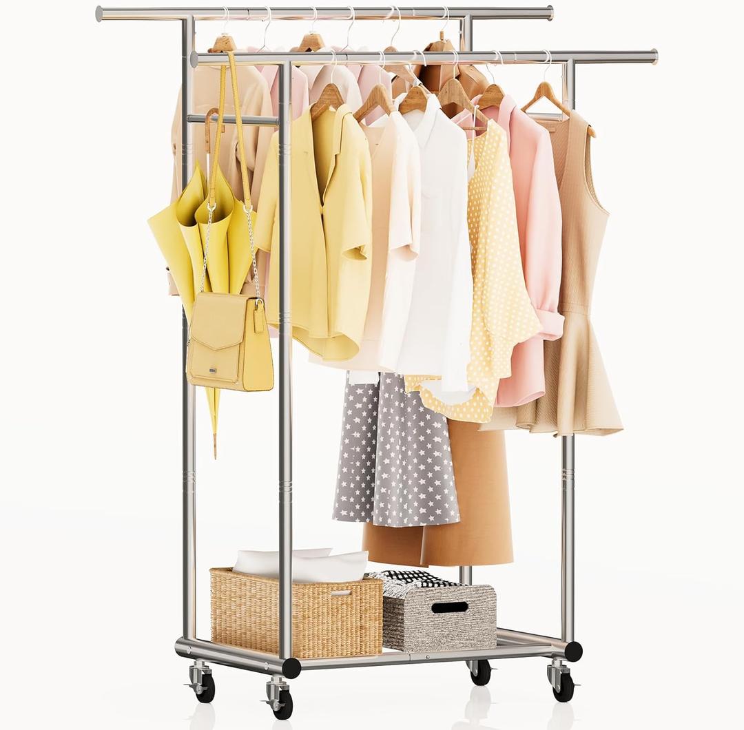 TigerParty Double Rods Clothes Rack for Hanging Clothes, Heavy Duty Sturdy Stainless Steel Clothing Rack, Rolling Garment Rack with Wheels for Bedroom Laundry Living Room