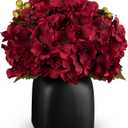Briful Hydrangea Artificial Flowers in Black Square Ceramic Pot, Burgundy Hydrangea Silk Flowers Realistic Potted Fake Flowers with Berries for Home Decor Indoor Wedding Table Centerpieces (Red#007)