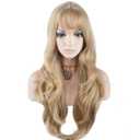 BERON 26 Inches Blonde Wig Long Wavy Wig Ash Blonde Wigs with Bangs for Women Gold Blonde Synthetic Wigs with Hairnet