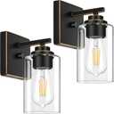 Set of 2 Wall Sconces for Bathroom, Modern Vanity Light Fixtures, Bronze Wall Mount Lighting Lanterns, Farmhouse Wall Lights with Clear Glass Shade for Bedroom Living Room Mirror Hallway Kitchen (Black Brushed Gold)