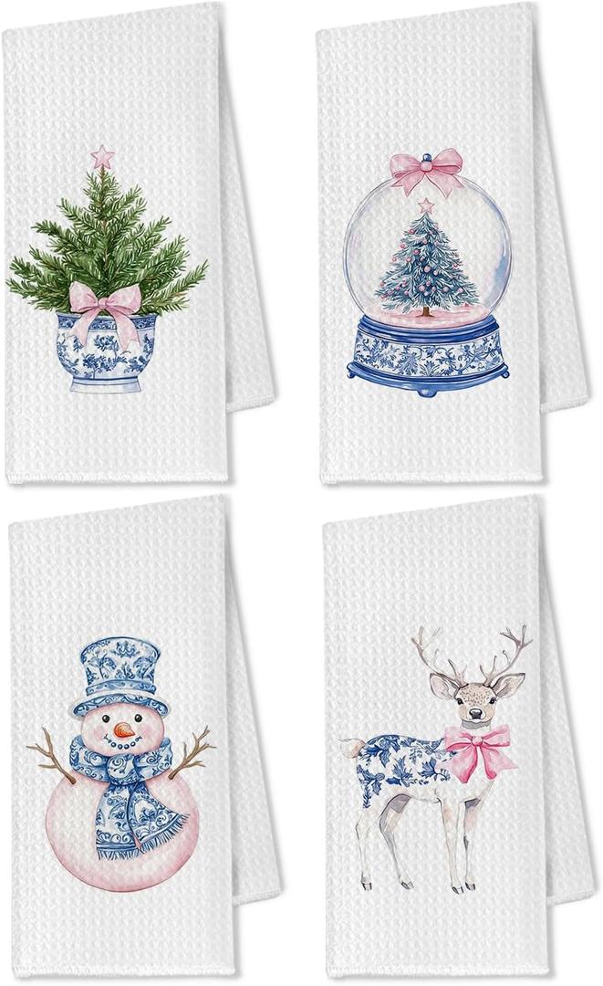 Chinoiserie Christmas Kitchen Towels, Blue and White Christmas Hand Towels for Bathroom, Coquette Pink Bow Christmas Dish Tea Towels for Kitchen, Grand Millenial Decor, 16x24 Inch Set of 4