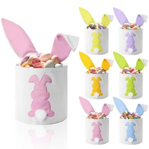 Cosblank 6 Pcs Bunny Canvas Bags Rabbit Print Basket with Foldable Ears Candy Goodie Bunny Tote Gift Bag for Birthday Party Decorations Supplies(Cute Color,Pure)