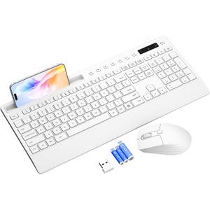 White Wireless Keyboard and Mouse Combo - Full-Size Quiet Keyboards with Palm Rest, Phone Holder, Multimedia Keys, Batteries Included, Office Key Board Compatible with Windows, PC, Laptop - Trueque
