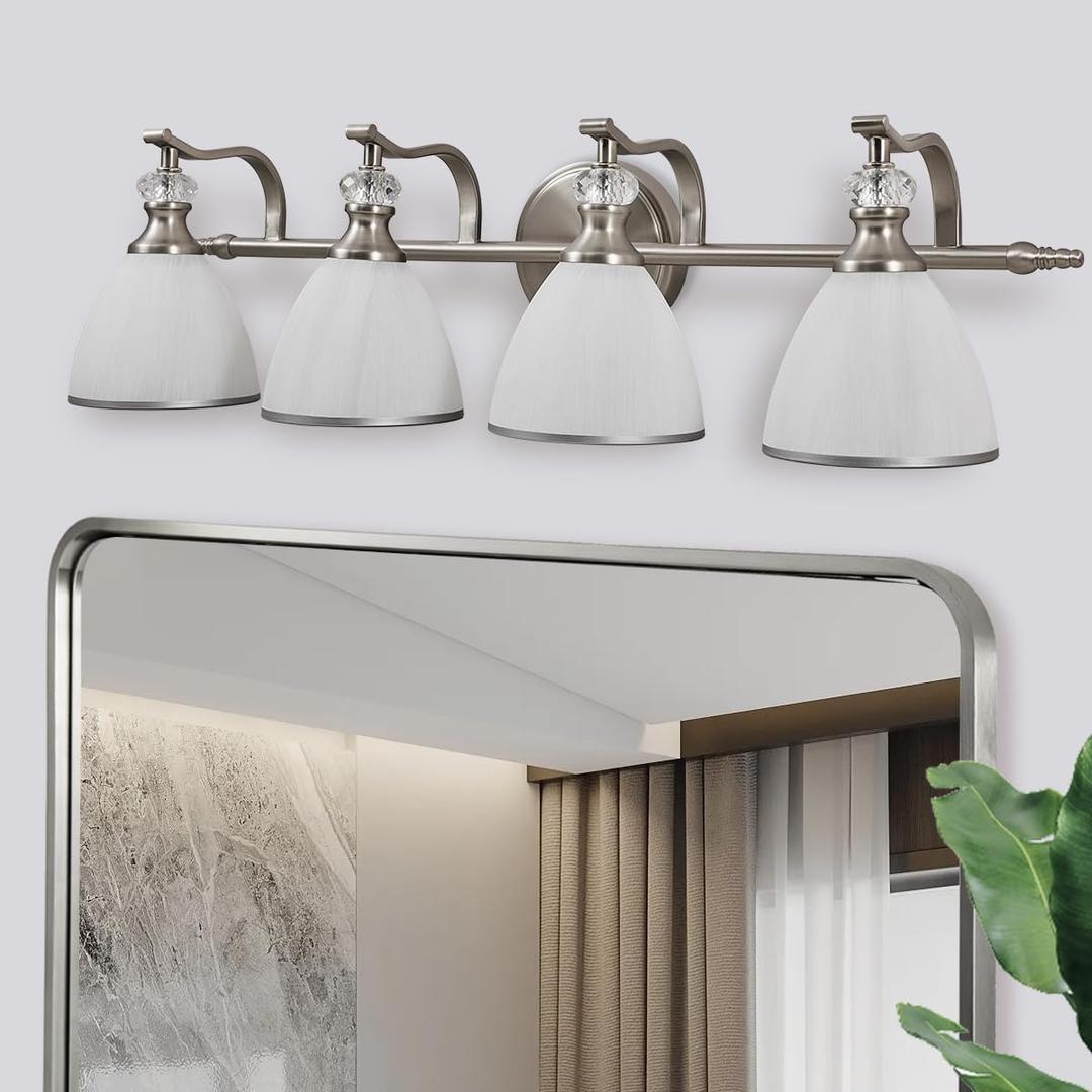 ANDY STAR Bathroom Light Fixtures Over Mirror, 4-Light Brushed Nickel Vanity Lights for Bathroom, 27.8 Inch Vintage Wall Sconce with Milk White Bell Glass Shades, Rustproof Silver Finish, E26 Base