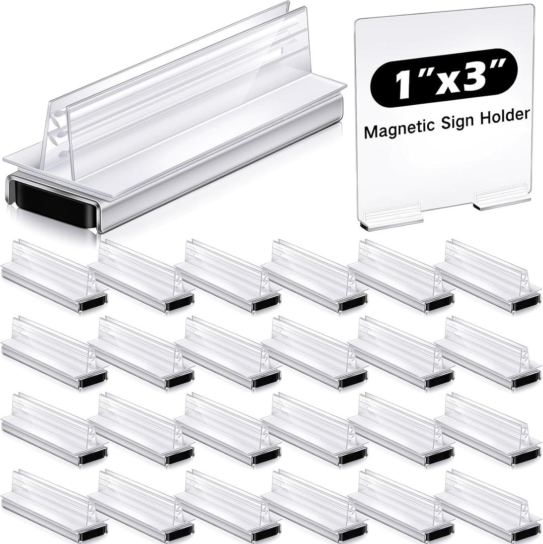 Thyle 24 Pack Magnetic Sign Holder Grip Holder, Powerful Magnet, 3" Length, 1" Width, 1" Total Height for Retail Wall Display Store Vendor Event Warehouse and Shop Supplies, Clear