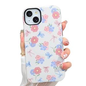 Bow Floral Case Designed for iPhone 15 Plus, Blue & Pink Bow Little Floral Pattern 2 in 1 Phone case [Compatible with MagSafe] Heavy Duty Shockproof Drop Protective for Girls Women