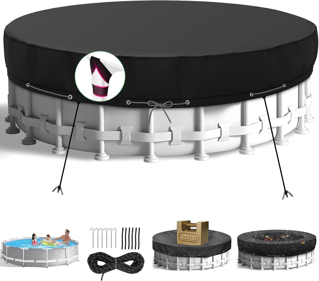 18Ft Round Pool Cover,Heavy Duty Waterproof Round Pool Covers for Above Ground Pools with Ground Nails and Windproof Ropes,Increase Stability&Tear-Resistant, Waterproof and Dustproof, Black