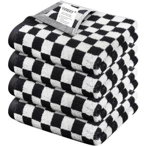 Hand Towels for Bathroom 4 Pack, Cotton Soft Absorbent Kitchen Checkered Hand Towels Decorative Set, Cute Black and White Bath Towels 13 X 29 Inches