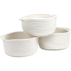 3 x Small Woven Baskets with Handle, Set of 3 Cotton Rope White Baskets for Organizing, Cute Mini Tiny Decorative Boho Round Storage Basket Bathroom Organizer Bin, Empty Gift Basket for Birthday Nursery