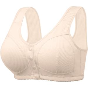 Ribbed Bras for Women Front Closure No Underwire Comfort Senior Wireless Snap Closing Bra (Beige) 42D